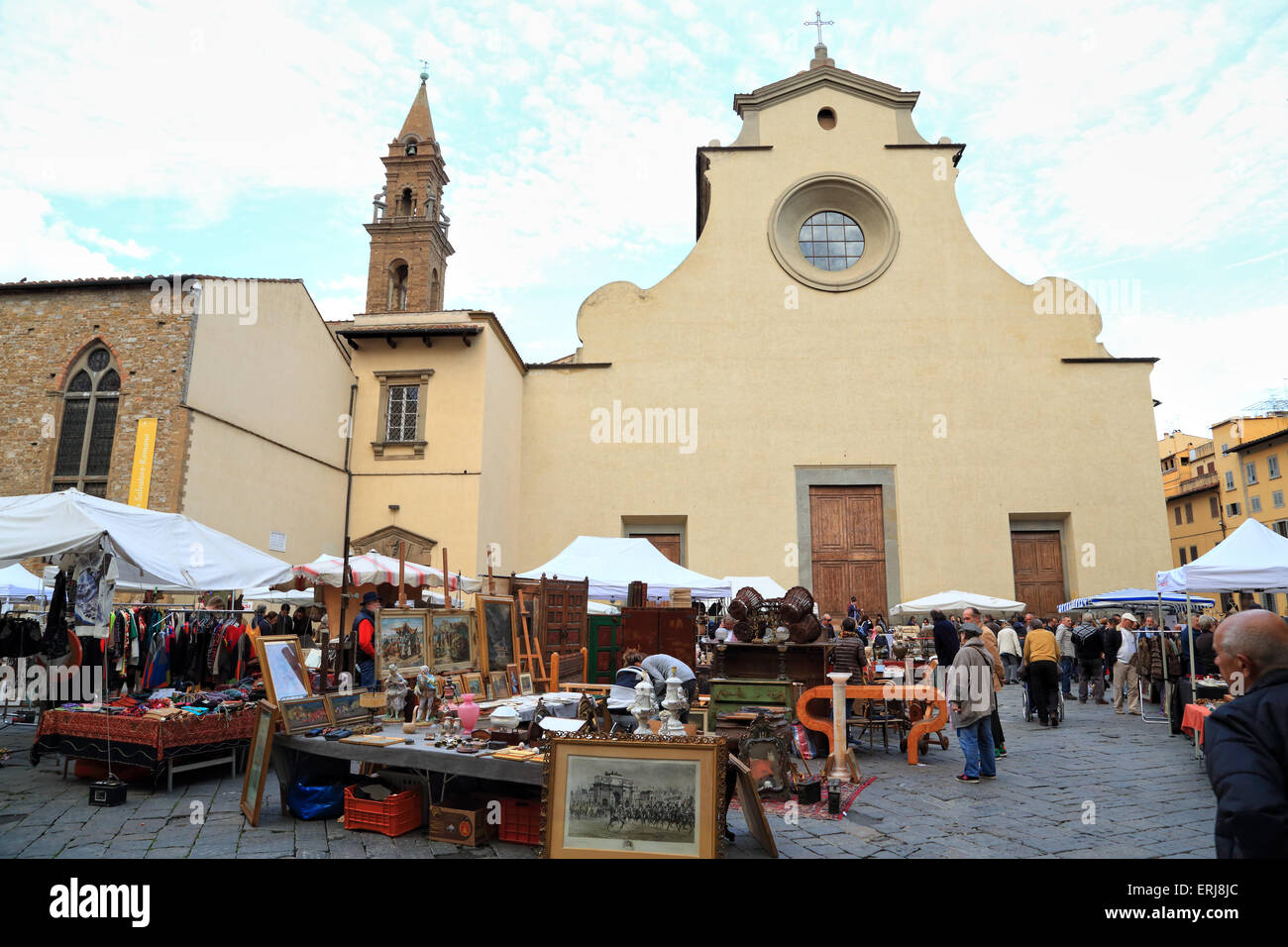 Florence antique street market,  Santo Spirito Flea Market, Mercatino Antiquario Fiorentino, Basilica di Santo Spirito, Stock Photo