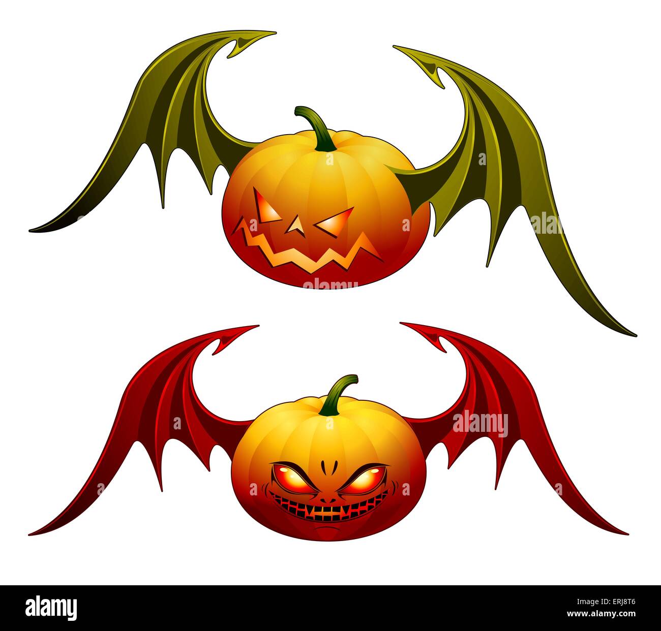 Smiling Halloween pumpkins with wings - isolated on white Stock Vector