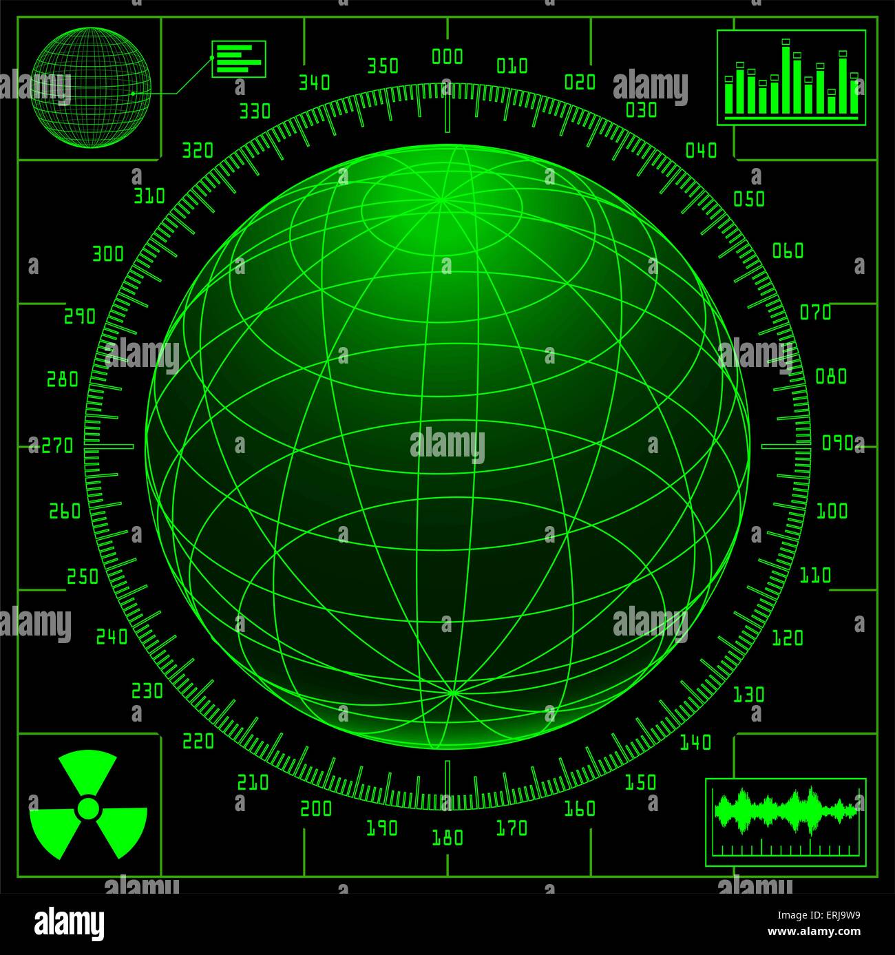 Radar screen with digital globe and scale. Vector illustration. Stock Vector