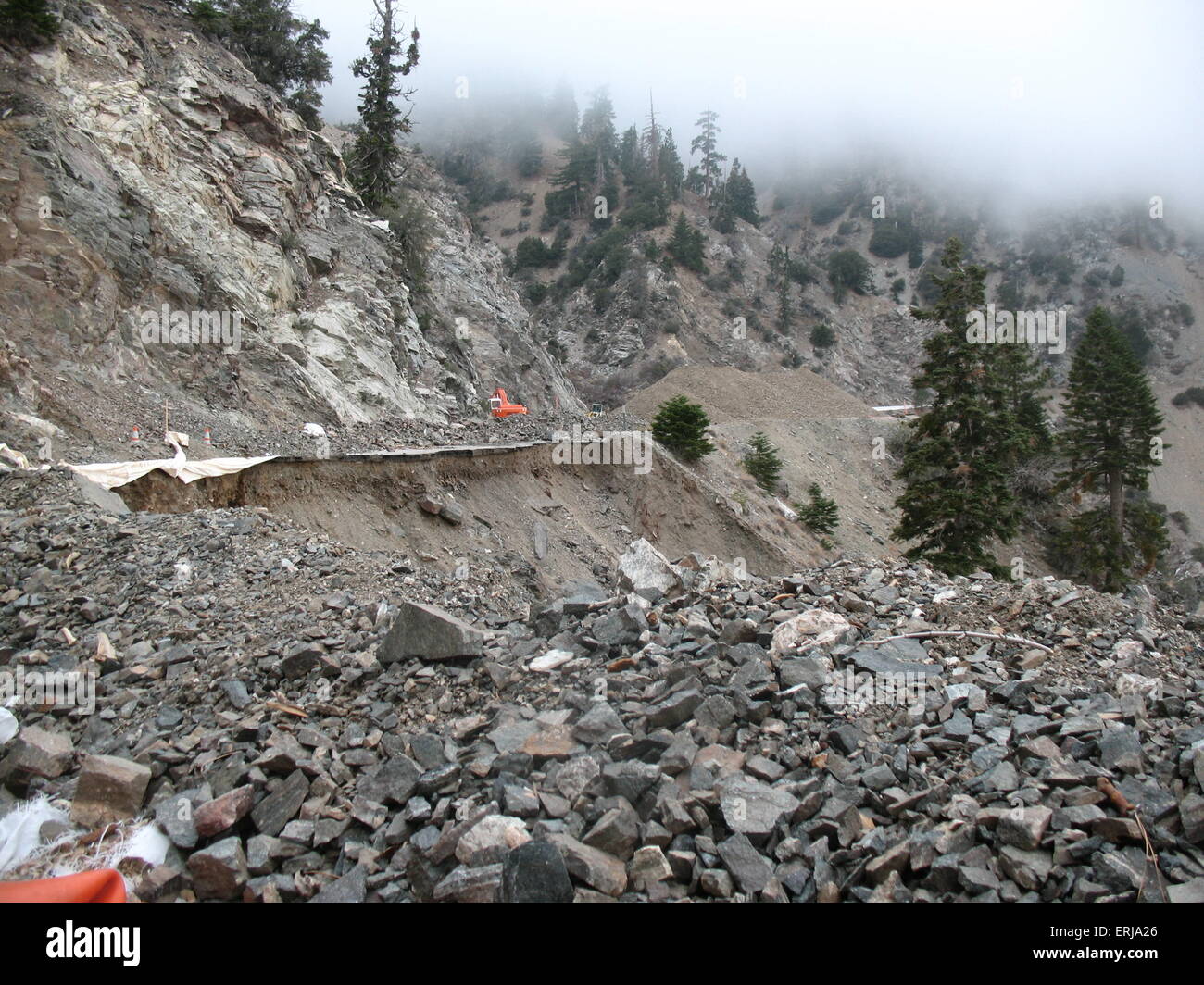 Earthquake destruction along mountain ridge - California Stock Photo