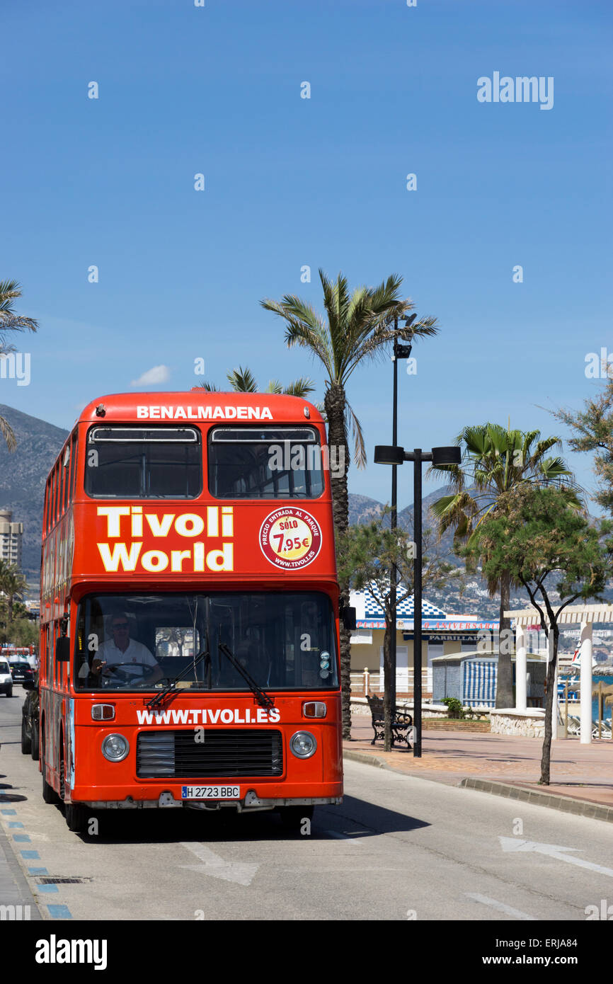 A re-purposed red London Bus being used to advertise Tivoli World in Fuengirola, Spain. Stock Photo