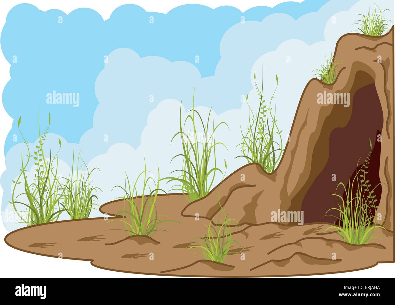 landscape with cave, grass and tracks of smb. Stock Vector
