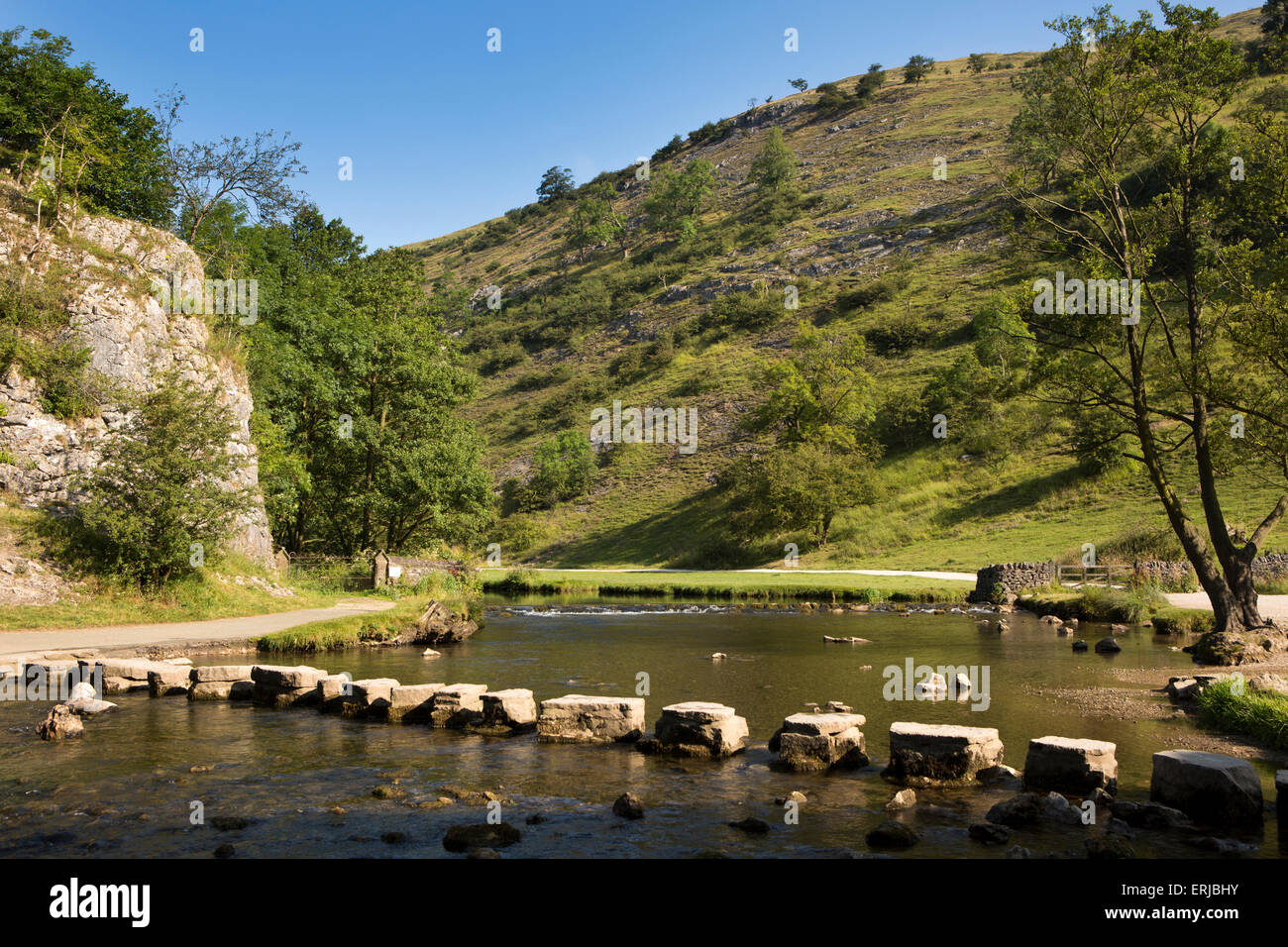 UK, England, Derbyshire, Dovedale, River Dove, stepping stone crossing in summer Stock Photo