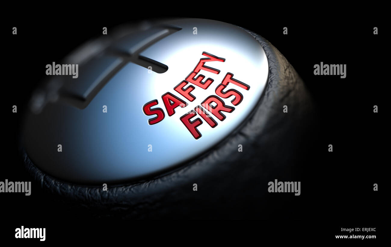 Safety First on Gear Stick with Red Text . Stock Photo