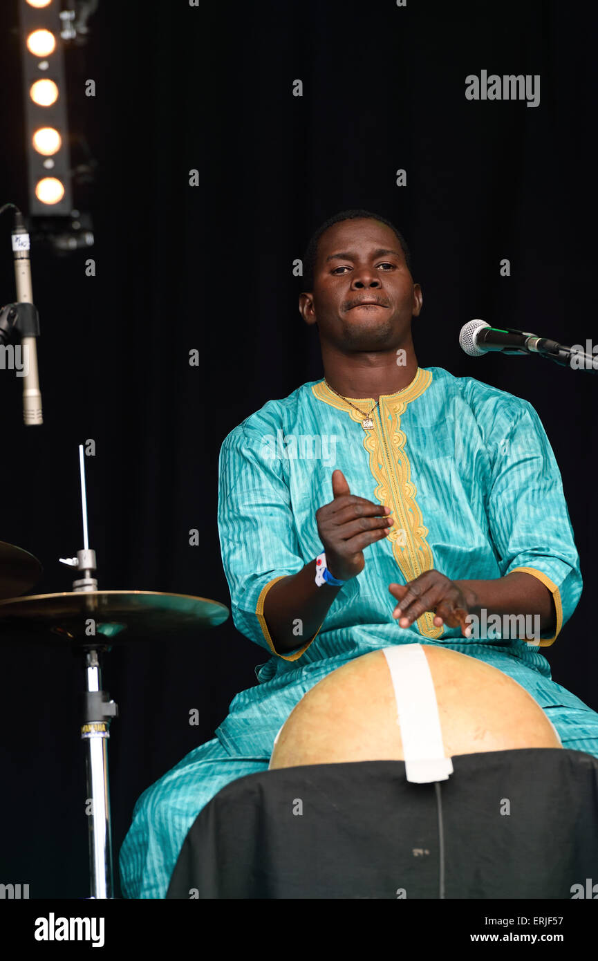 Bassekou Kouyate and Ngoni Ba play at the Wychwood Music Festival 2015 Cheltenham, Gloucestershire, England. Stock Photo