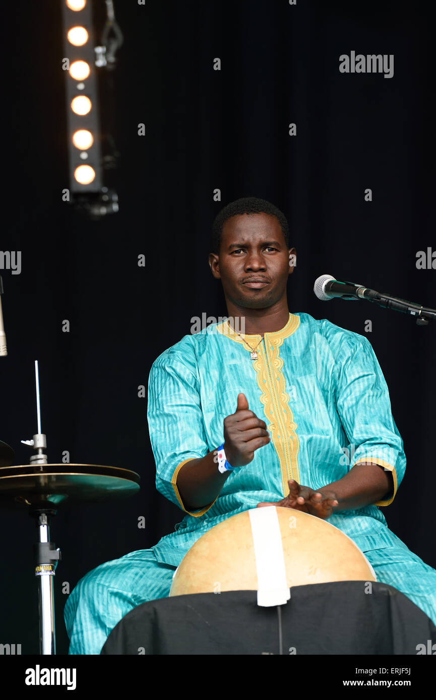 Bassekou Kouyate and Ngoni Ba play at the Wychwood Music Festival 2015 Cheltenham, Gloucestershire, England. Stock Photo