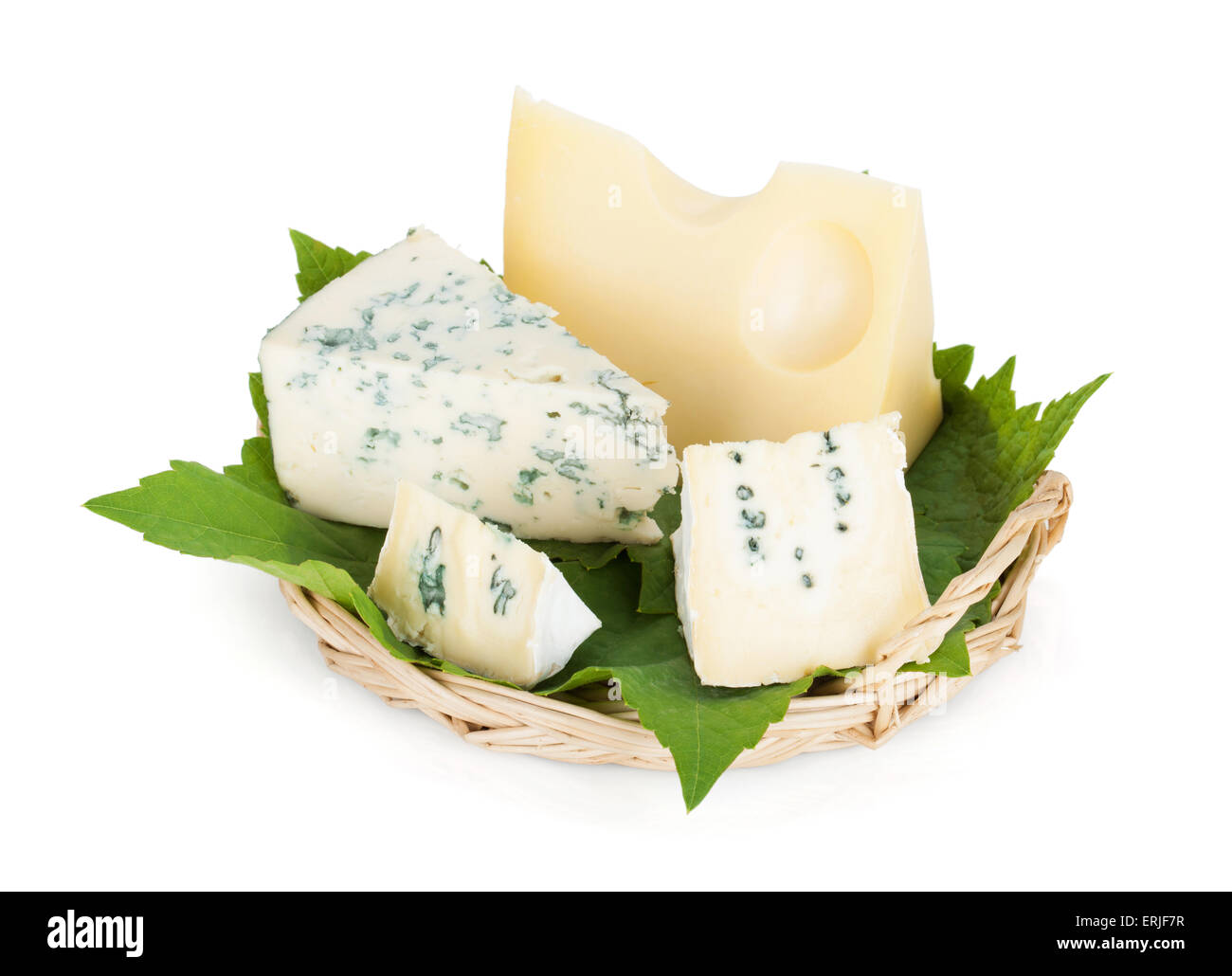 Various types of cheeses. Isolated on a white background. Stock Photo