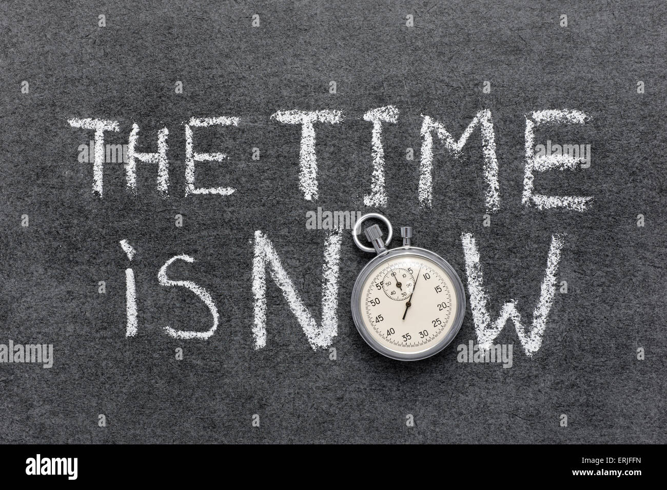 the time is now phrase handwritten on chalkboard with vintage precise