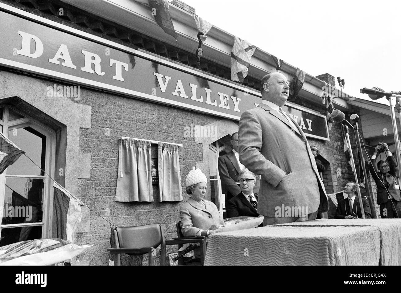 Dr Richard Beeching, Chairman of British Railways, reopens the Dart Valley Railway, South Devon Railway, 21st May 1969. He became a household name in Britain in the early 1960s for his report "The Reshaping of British Railways", commonly referred to as "The Beeching Report", which led to far-reaching changes in the railway network, popularly known as the Beeching Axe. Stock Photo