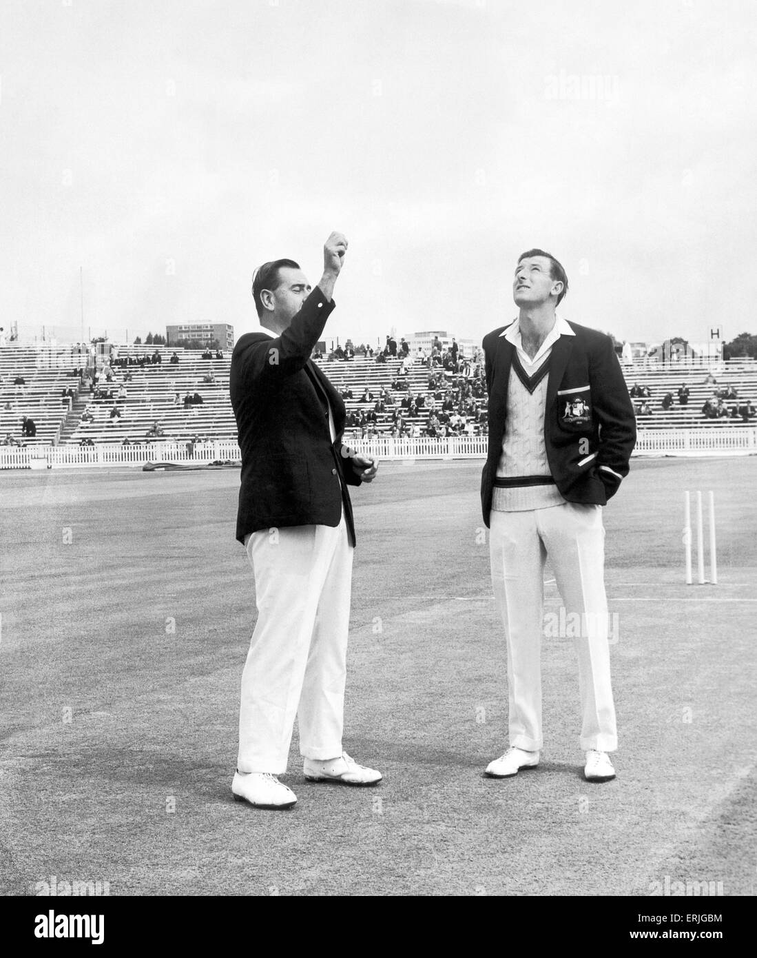 Australian cricket tour of England for the Ashes. England v Australia 3rd Test at Edgbaston. Colin Cowdrey's luck holds as he wins the toss against Australia captain Bill Lawry lbefore the match. 12th July 1968. Stock Photo