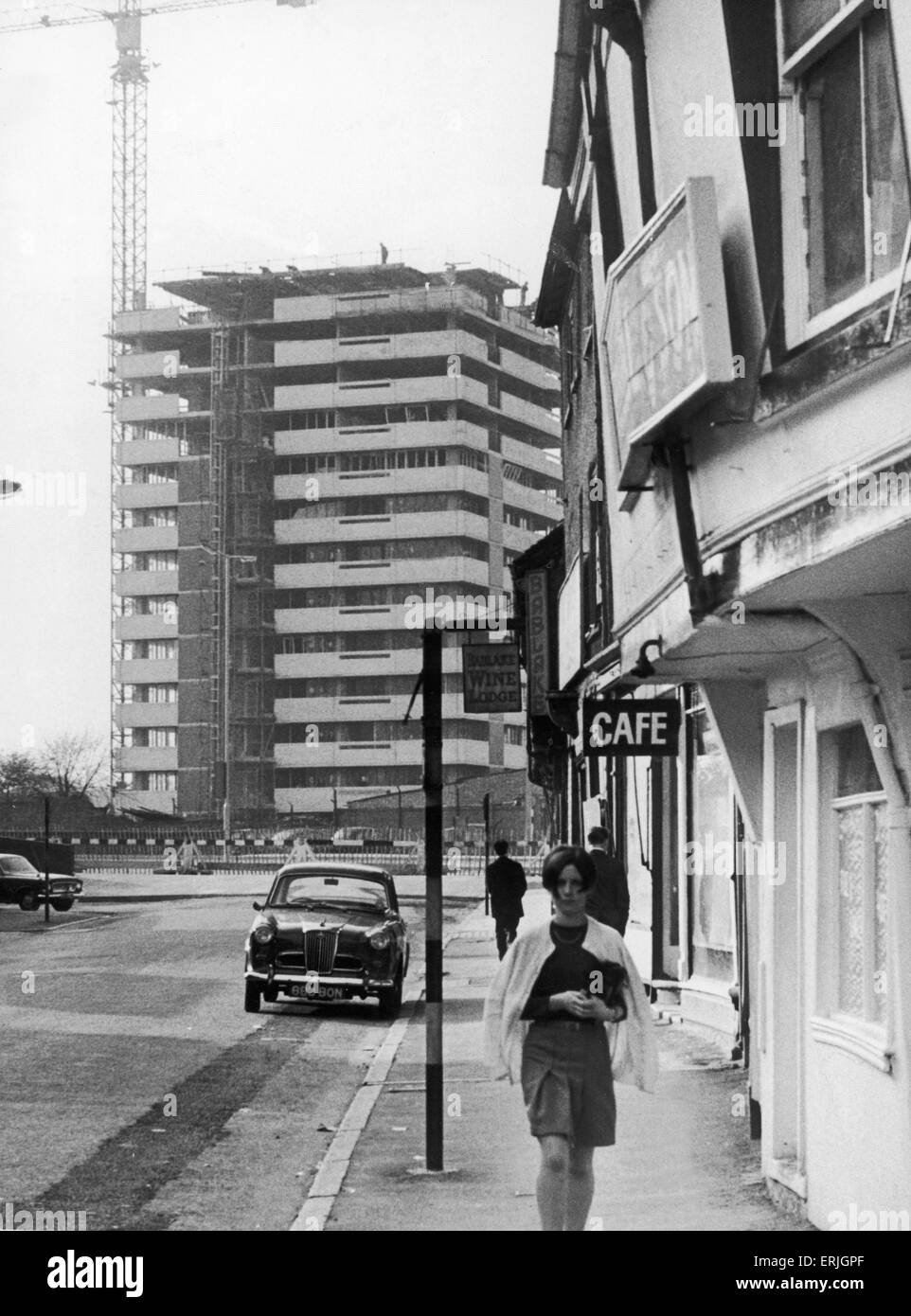 Spon Street Coventry city centre, in the background Meadow House a block of residential flats is under construction. 27th October 1966 Stock Photo