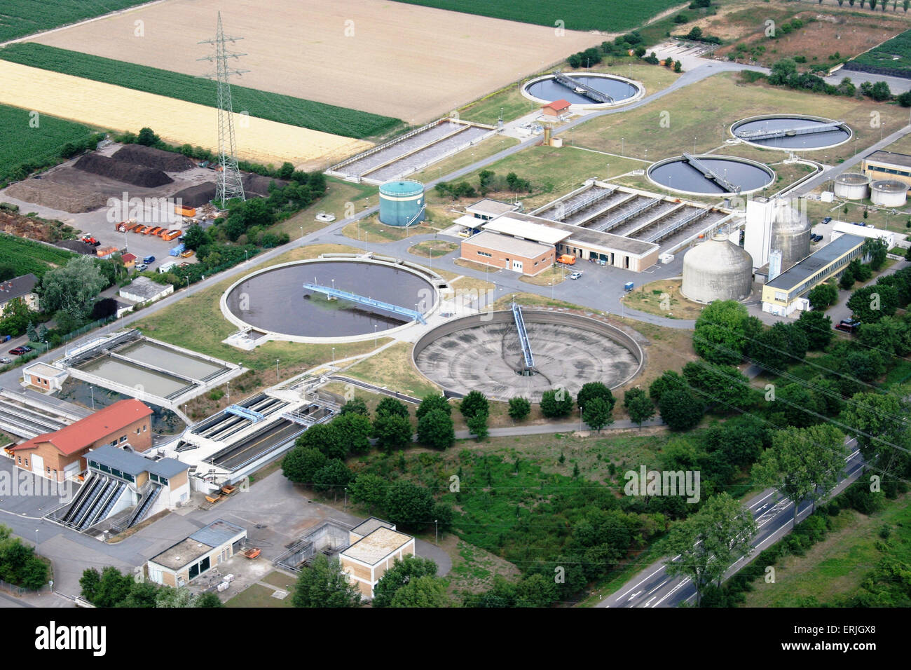Sewage treatment plant from above Stock Photo