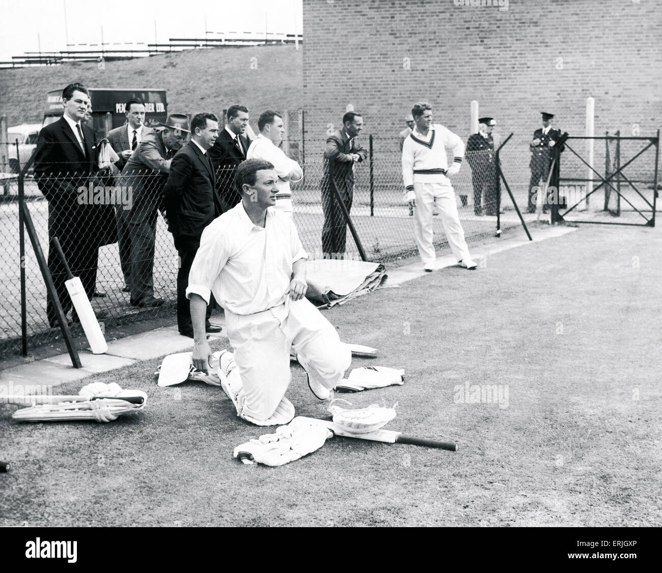 Australian cricket tour of England for the Ashes. England v Australia First Test match at Edgbaston. Australian captain Richie Benaud in the nets.  10th June 1961. Stock Photo