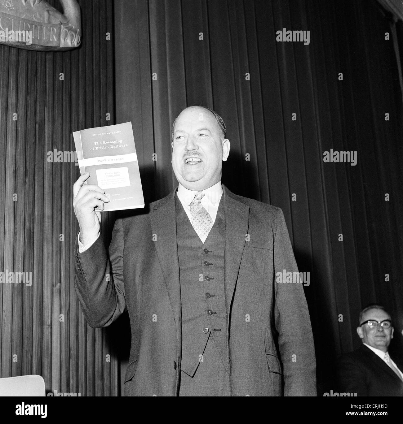 Dr Richard Beeching, Chairman of British Railways, Photo-call at Rail Plan Conference, where he presented his report entitled, 'The Reshaping of British Railways', pictured 27th March 1963. The report, commonly referred to as 'The Beeching Report', led to far- reaching changes in the railway network, popularly known as the Beeching Axe. Stock Photo