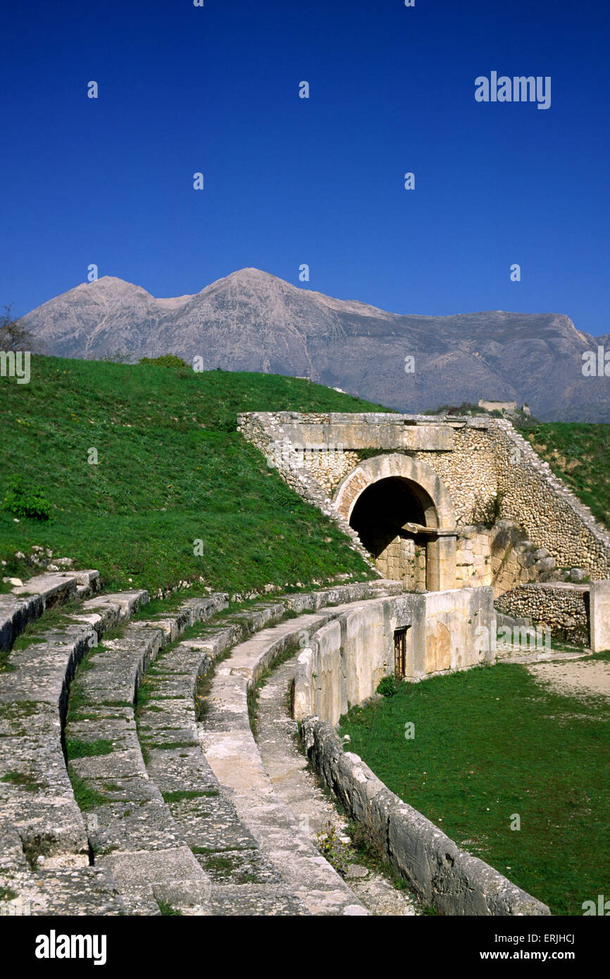Italy, Abruzzo, Alba Fucens, roman amphitheatre ruins and Mount Velino Stock Photo
