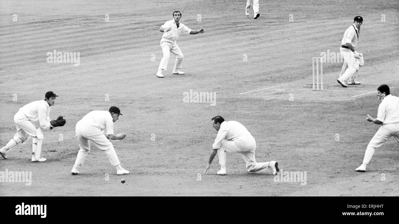 Australian cricket tour of England for the Ashes. England v Australia Third Test match at Edgbaston. Colin Cowdrey misses this ball in the slips off Ian Chappell from bowler David Brown. 15th July 1968. Stock Photo