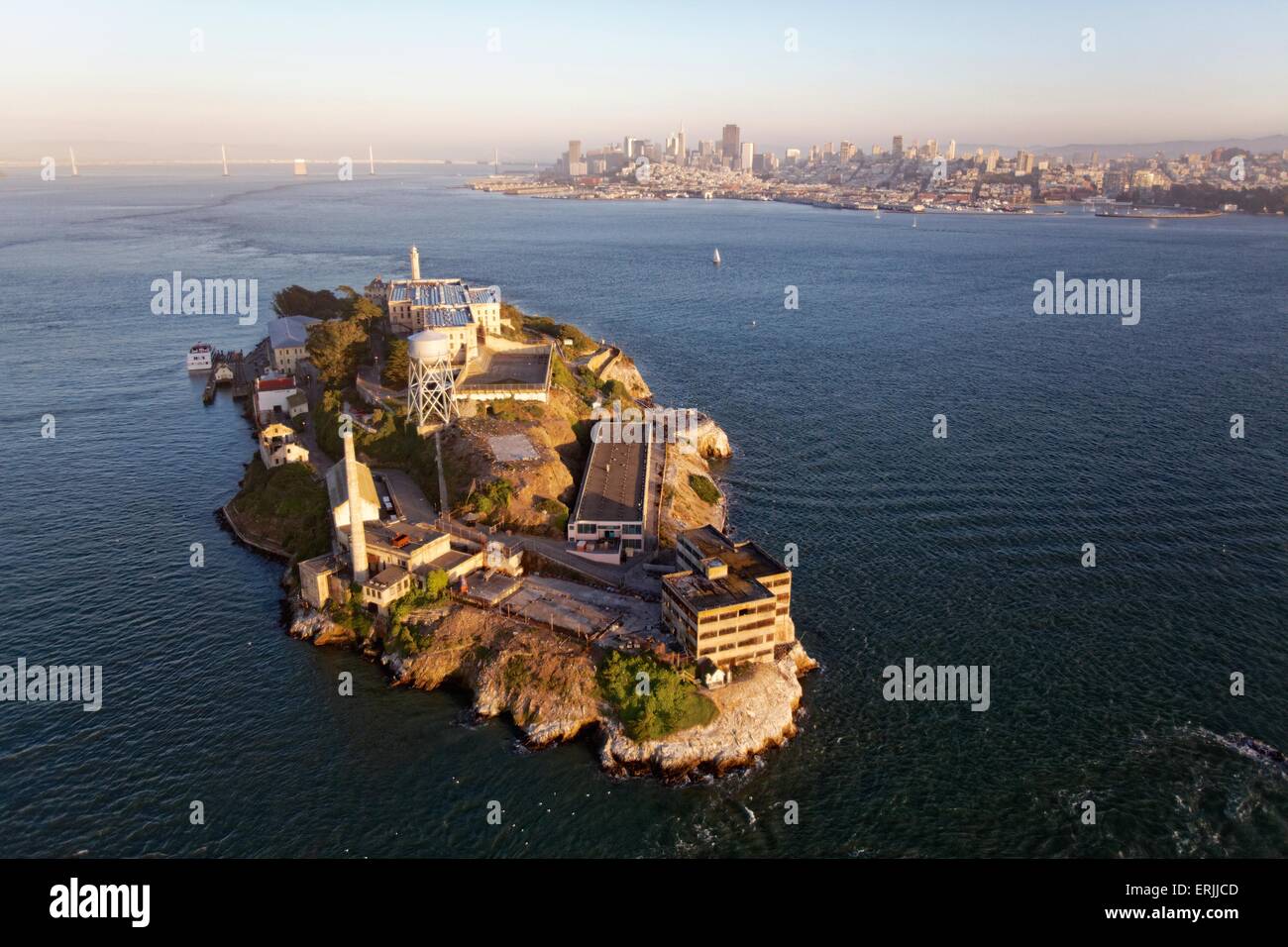 Aerial view over San Francisco at sunset  Aerial view over San Francisco and Alcatraz Island at sunset Stock Photo