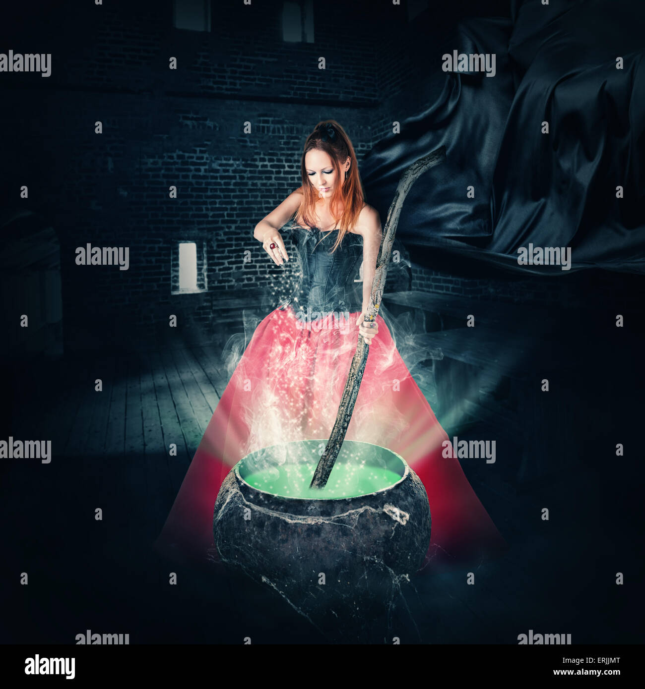 halloween witch brewing a magic potion in an ancient pot and pours it