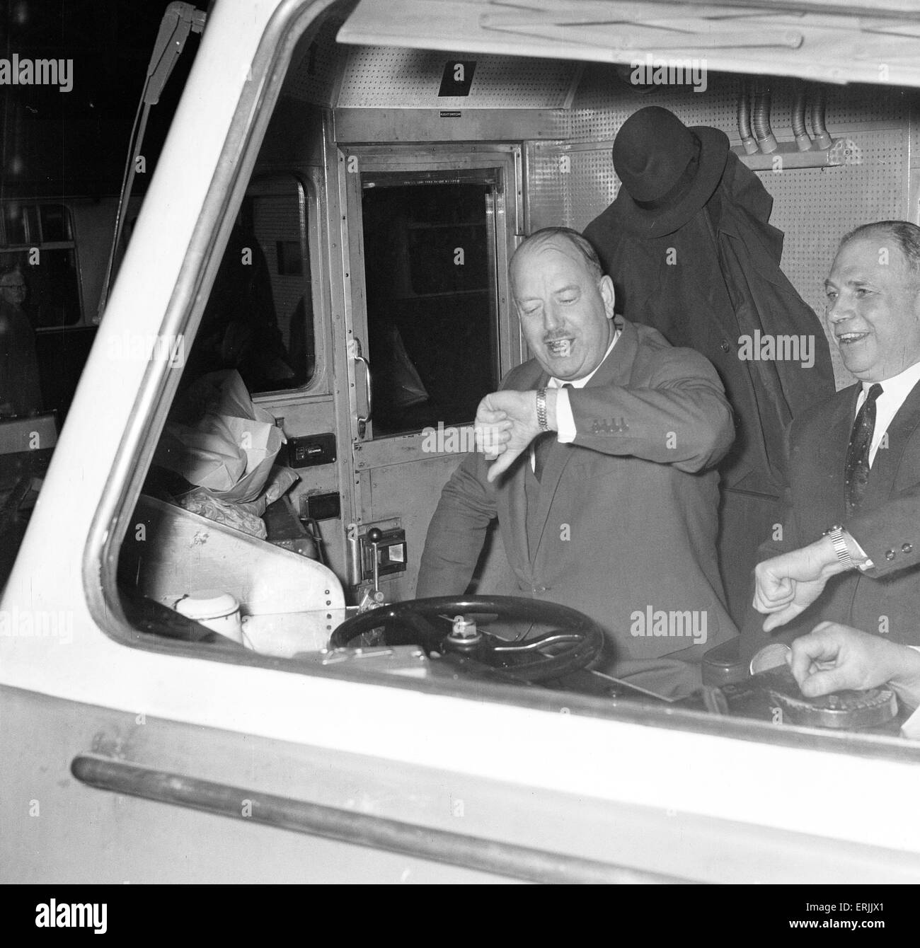Dr Richard Beeching, Chairman of British Railways, Photo-call taking a ride on a diesel engine, 22nd February 1962. He became a household name in Britain in the early 1960s for his report 'The Reshaping of British Railways', commonly referred to as 'The B Stock Photo