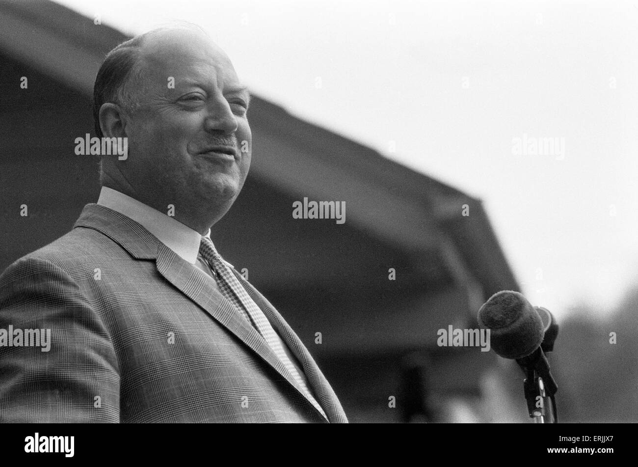 Dr Richard Beeching, Chairman of British Railways, reopens the Dart Valley Railway, South Devon Railway, 21st May 1969. He became a household name in Britain in the early 1960s for his report 'The Reshaping of British Railways', commonly referred to as 'The Beeching Report', which led to far-reaching changes in the railway network, popularly known as the Beeching Axe. Stock Photo