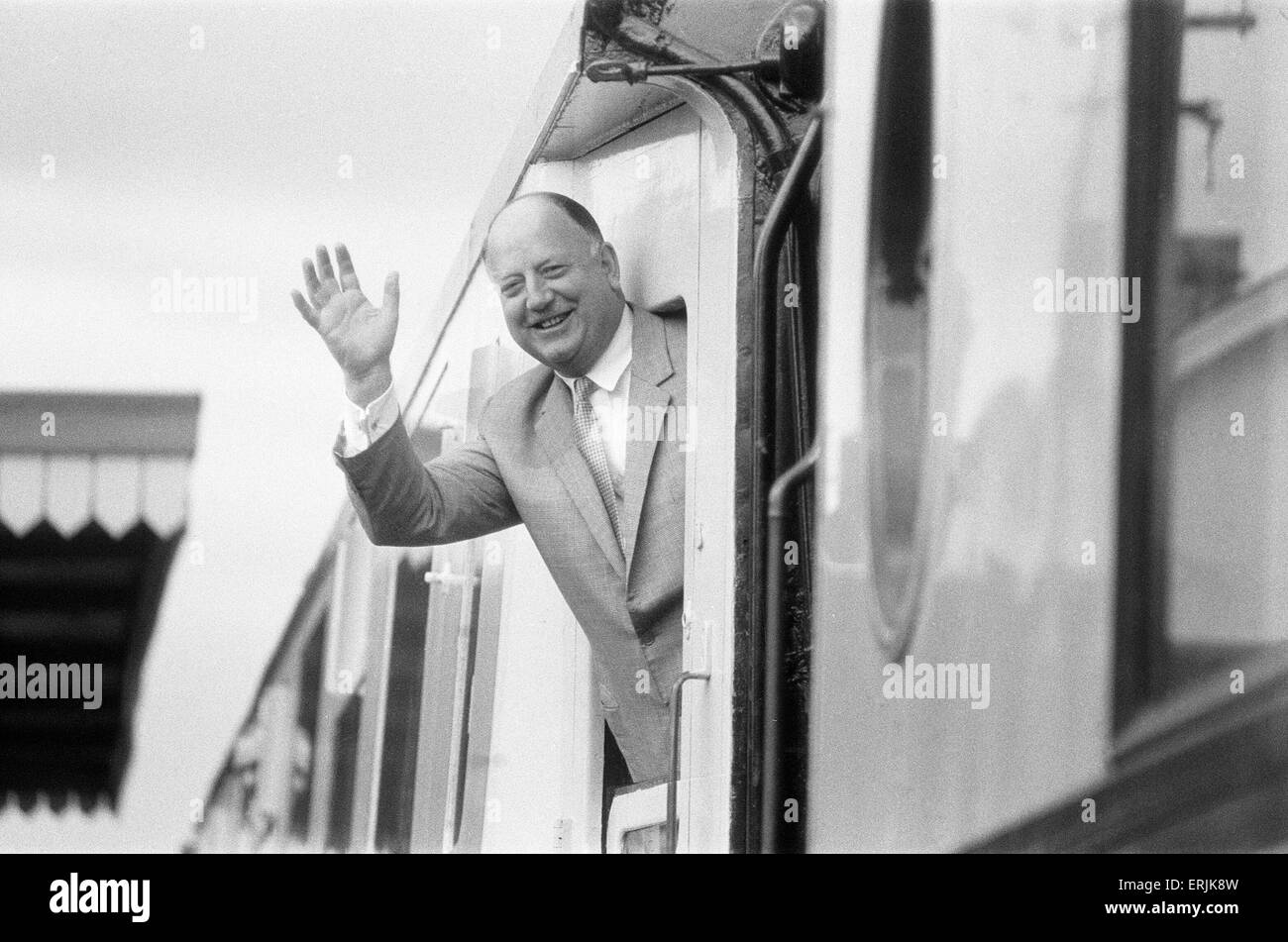 Dr Richard Beeching, Chairman of British Railways, reopens the Dart Valley Railway, South Devon Railway, 21st May 1969. He became a household name in Britain in the early 1960s for his report 'The Reshaping of British Railways', commonly referred to as 'The Beeching Report', which led to far-reaching changes in the railway network, popularly known as the Beeching Axe. Stock Photo