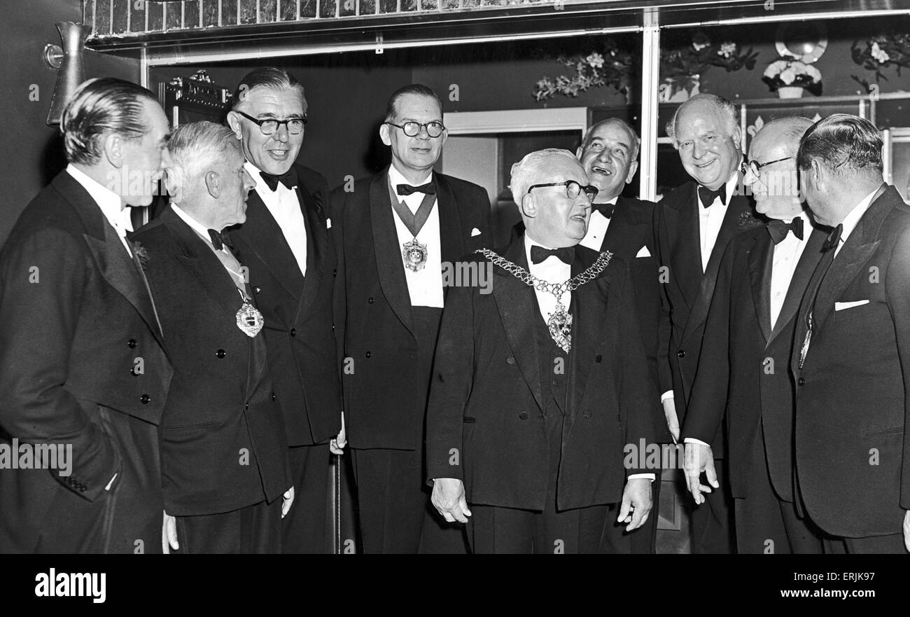 A group at the opening of the Locarno Ballroom. Left to Right Mr A Fairley, joint chairman of Mecca Ltd; the Lord Mayor of Birmingham Alderman Garnet D Boughton; Mr R H S Crossman, MP Coventry East; the Mayor of Nuneaton, Alderman F B J Warr; the Lord Mayor of Coventry, Alderman H Stanley; Councillor T Meffen, chairman of Coventry Planning and Re Development. Mr W J Pickard joint Managing Director of Mecca Ltd; Mr C J Heiman, joint Managing Director of Mecca Ltd and Mayor of Derby Alderman C E J Andrews 31st August 1960 Stock Photo