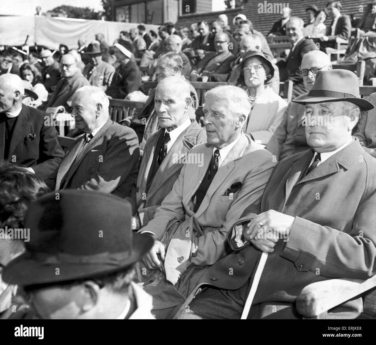 Australian cricket tour of England for the Ashes. England v Australia First Test match at Edgbaston. Four veteran England cricketers in the stands to watch the test match. Left to right: Ernest James 'Tiger' Smith, Sydney Barnes, Frank Woolley and Wilfred Rhodes.  . 8th June 1961. Stock Photo