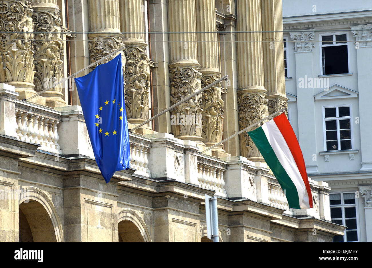 european and hungarian flag on official building Budapest Hungary Stock Photo