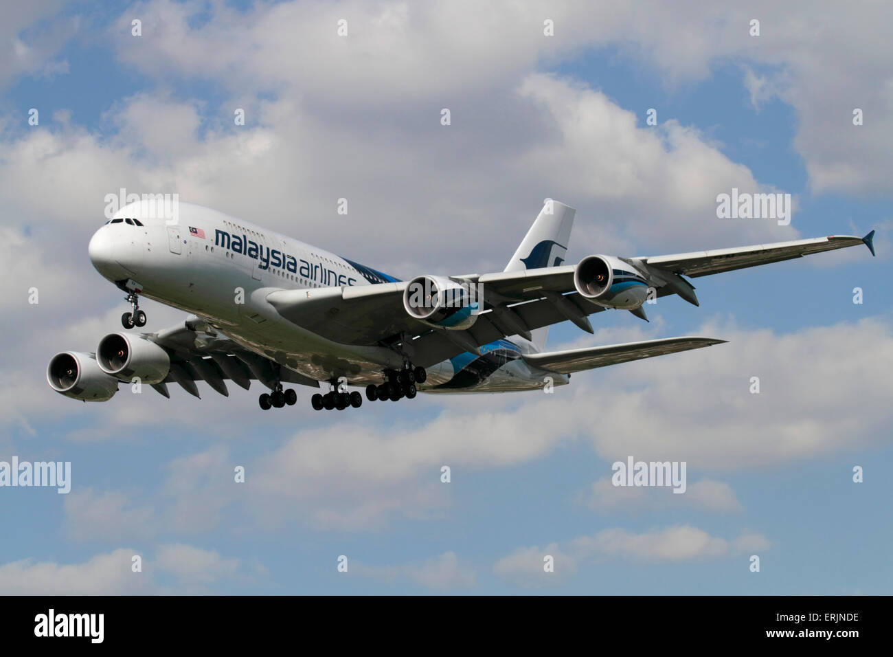 Malaysia Airlines Airbus A380 long haul jet plane, known as the superjumbo, on approach to Heathrow Airport Stock Photo