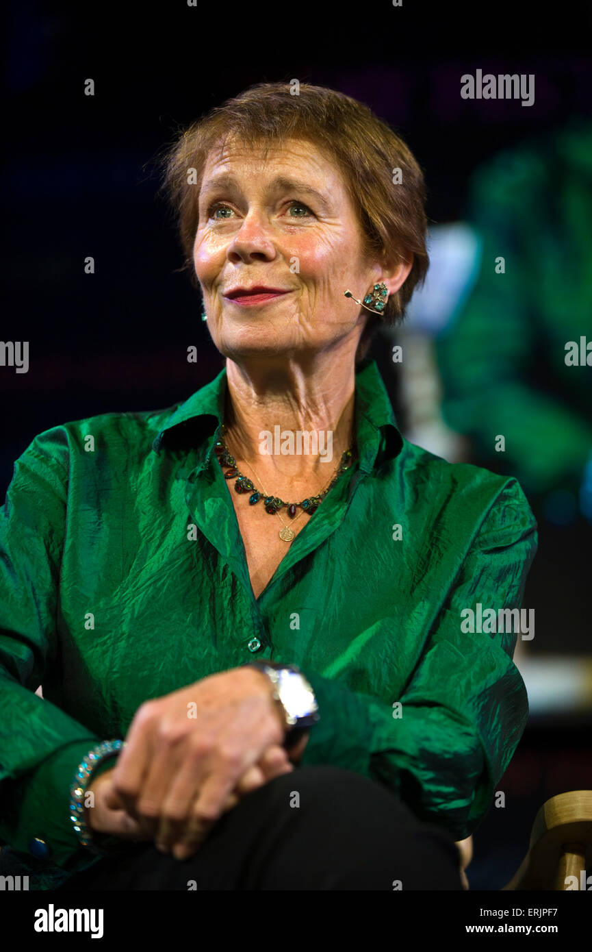 Celia Imrie author & actress speaking on stage at Hay Festival 2015 Stock Photo