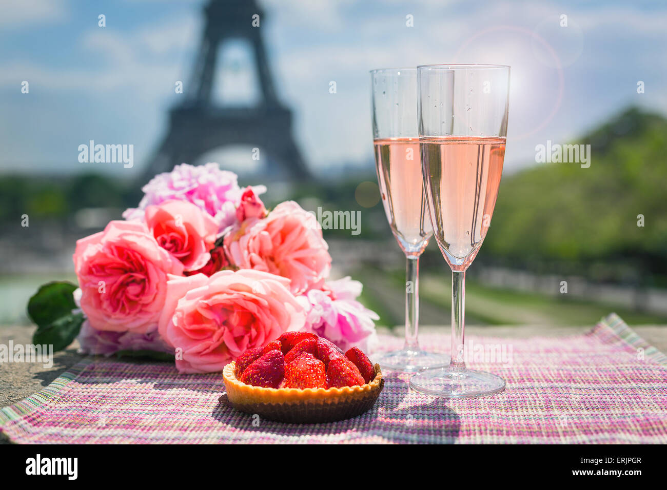 Wine glasses and Eiffel tower in Paris in spring Stock Photo Alamy