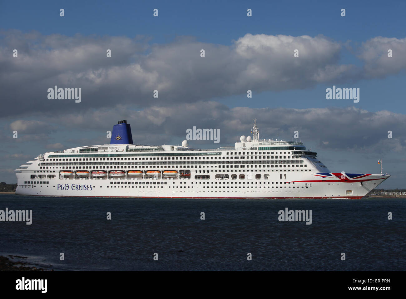 P&O Cruise Ship Aurora pictured with her new livery Union Jack logo leaving Southampton Stock Photo