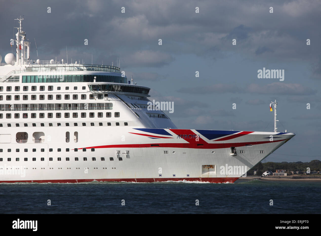 P&O Cruise Ship Aurora pictured with her new livery Union Jack logo leaving Southampton Stock Photo