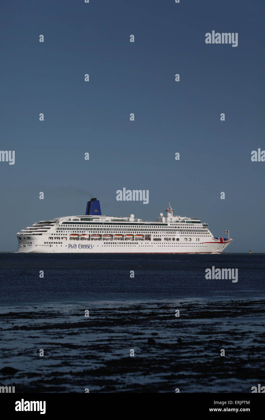 P&O Cruise Ship Aurora pictured with her new livery Union Jack logo leaving Southampton Stock Photo