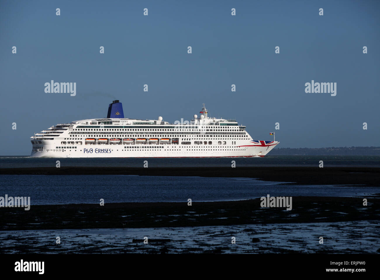 P&O Cruise Ship Aurora pictured with her new livery Union Jack logo leaving Southampton Stock Photo