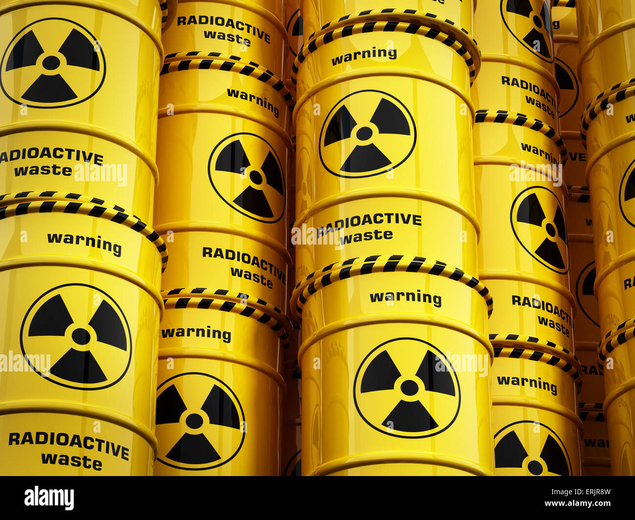 Yellow radioactive barrels stack with warning signs. Stock Photo