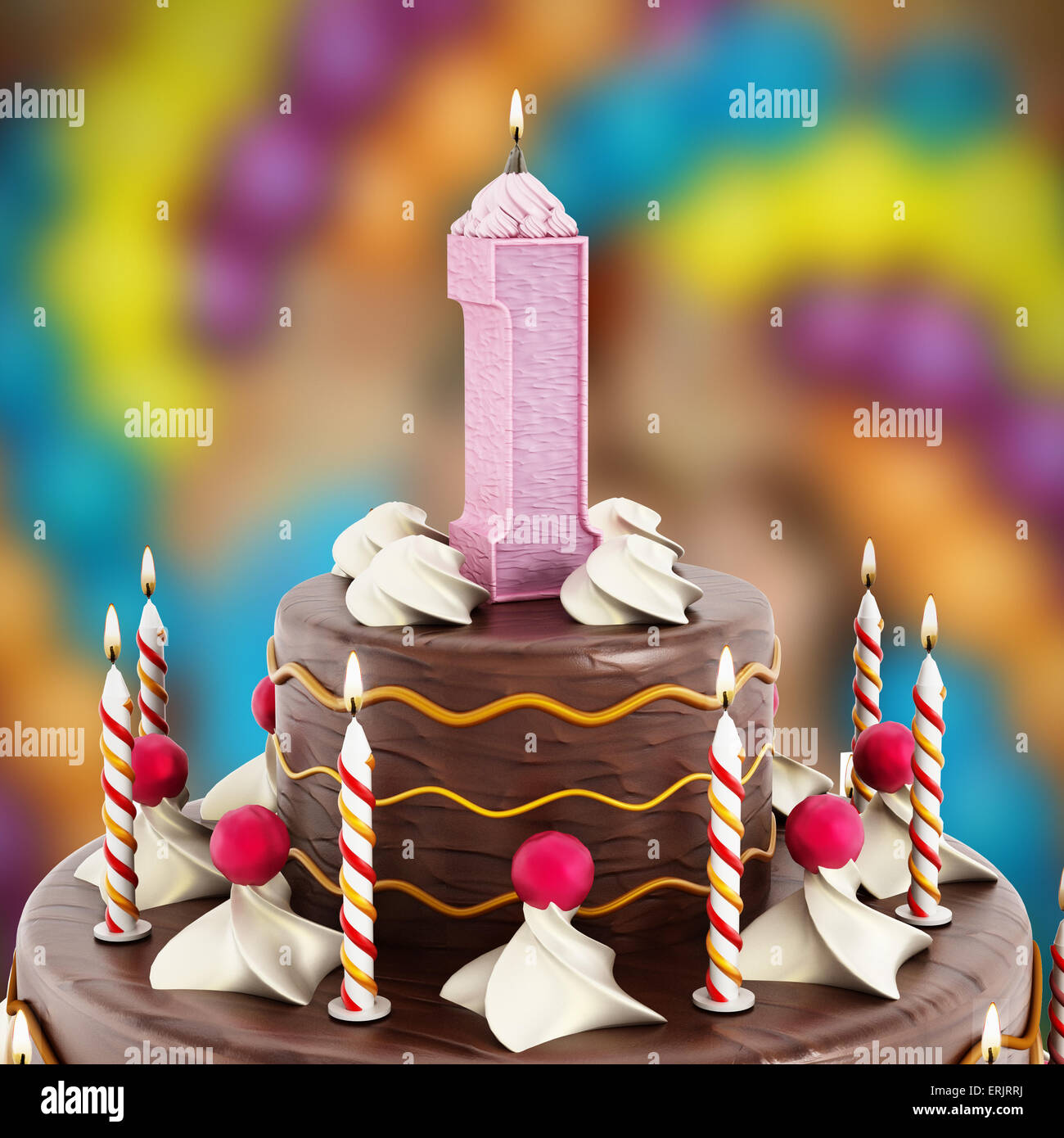 Birthday cake with number 1 lit candle Stock Photo - Alamy