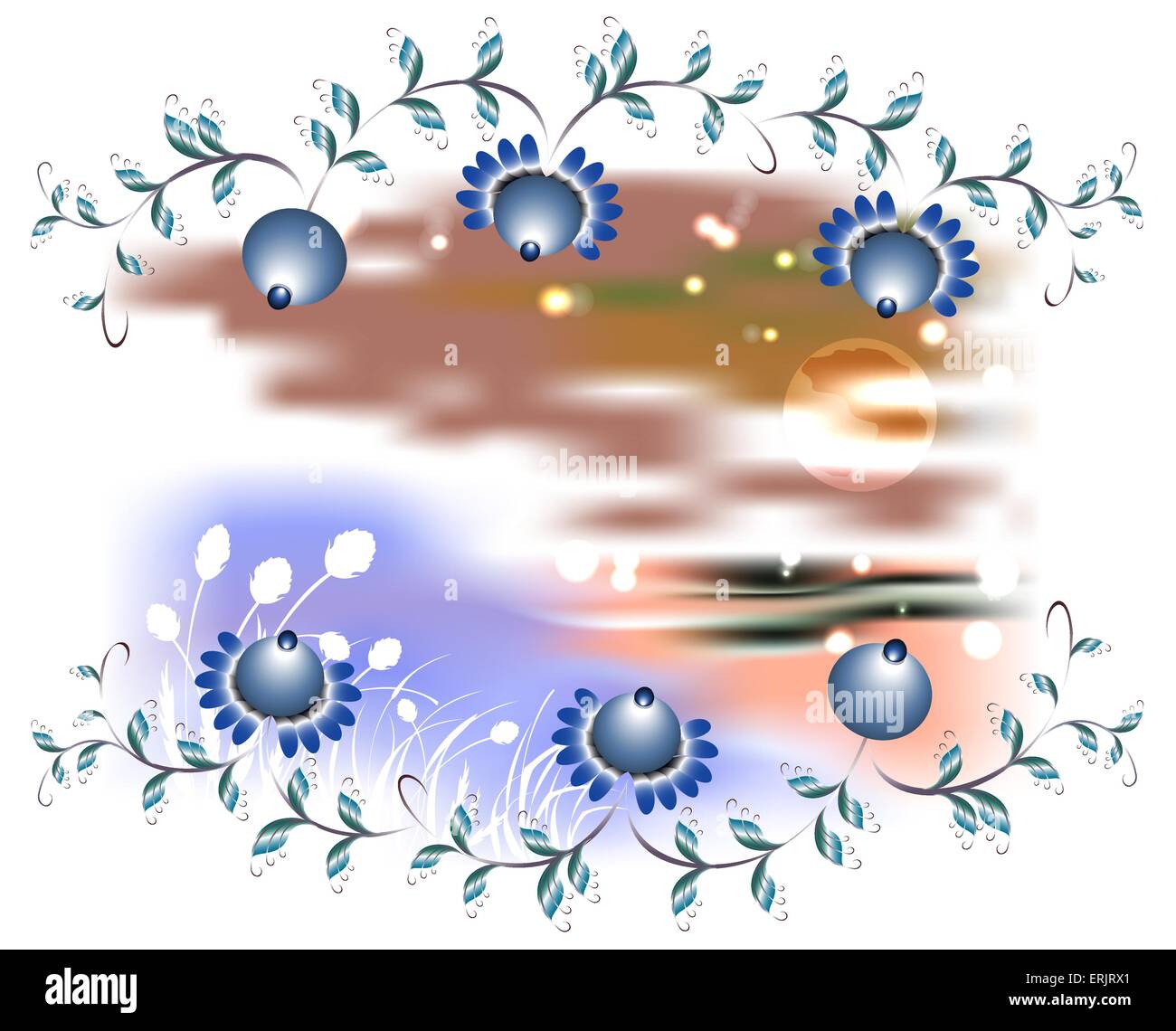 Landscape in the frame of blue flowers. EPS10 vector illustration Stock Vector