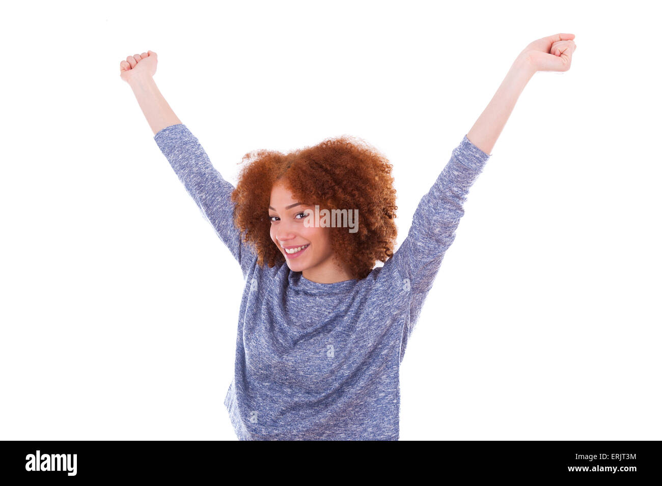 Black happy African American girl raising arms up, isolated on white ...
