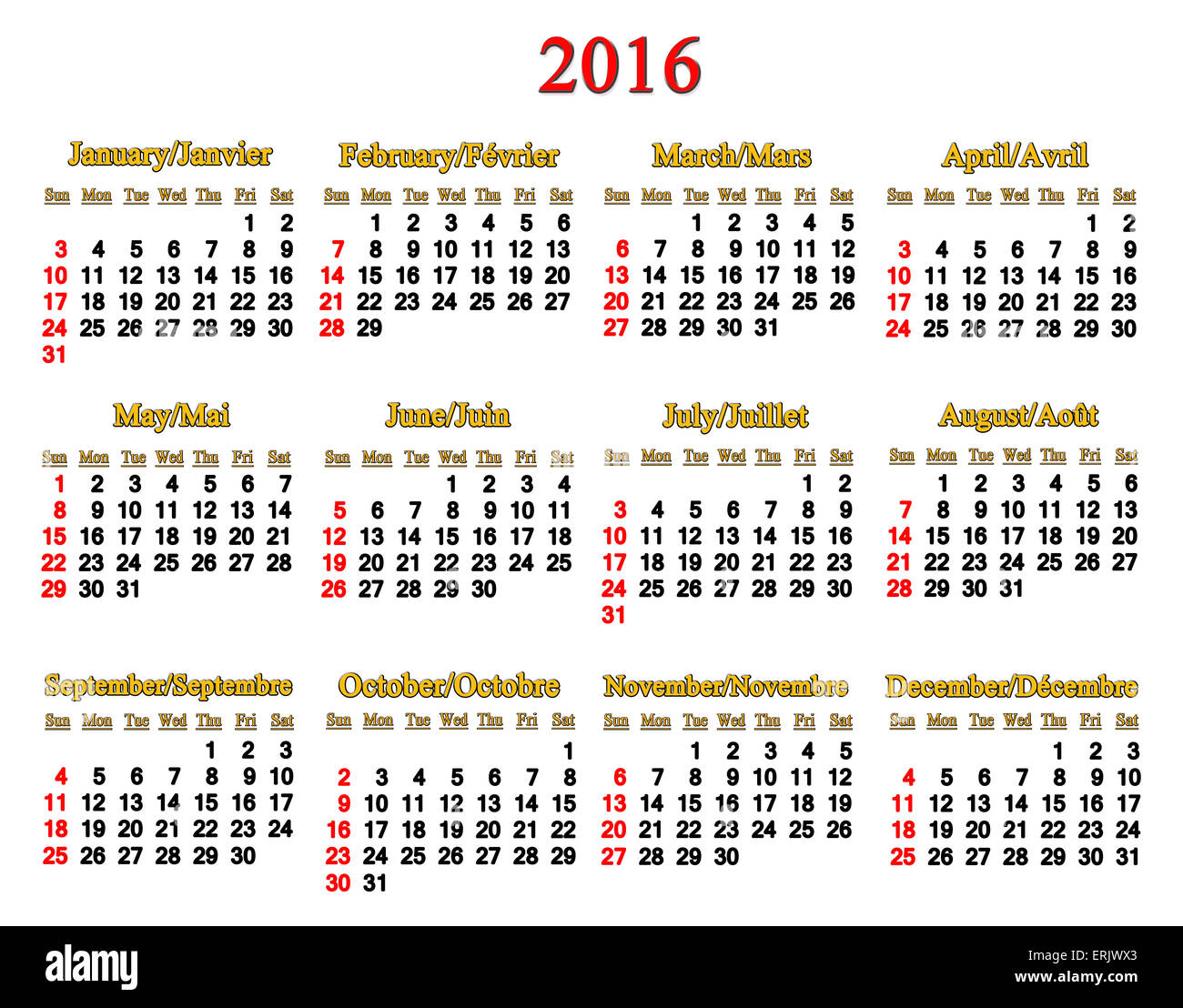 Calendar For 16 In English And French On White Background Stock Photo Alamy