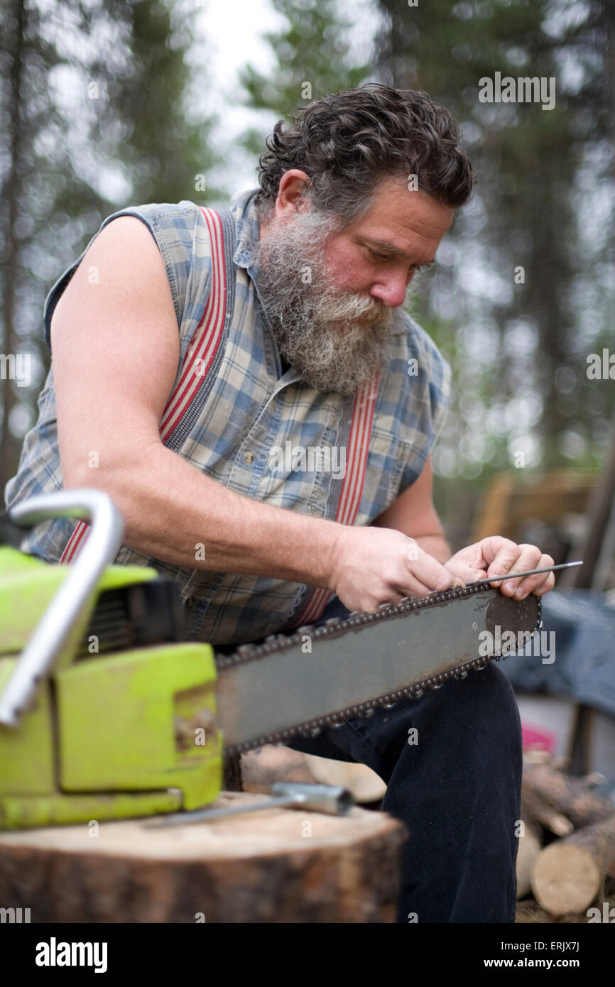 Man sharpening chainsaw Stock Photo Alamy