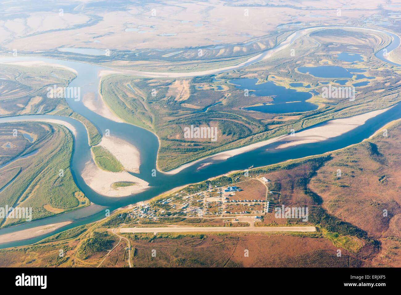 Aerial view of the village of Kiana and surrounding wetlands along the