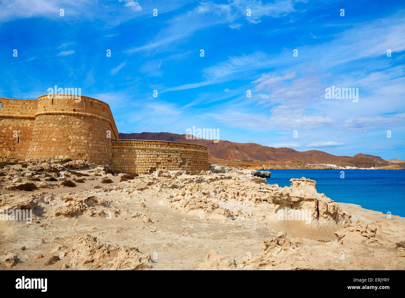 Almeria Cabo de Gata fortress Los Escullos beach of Spain Stock Photo