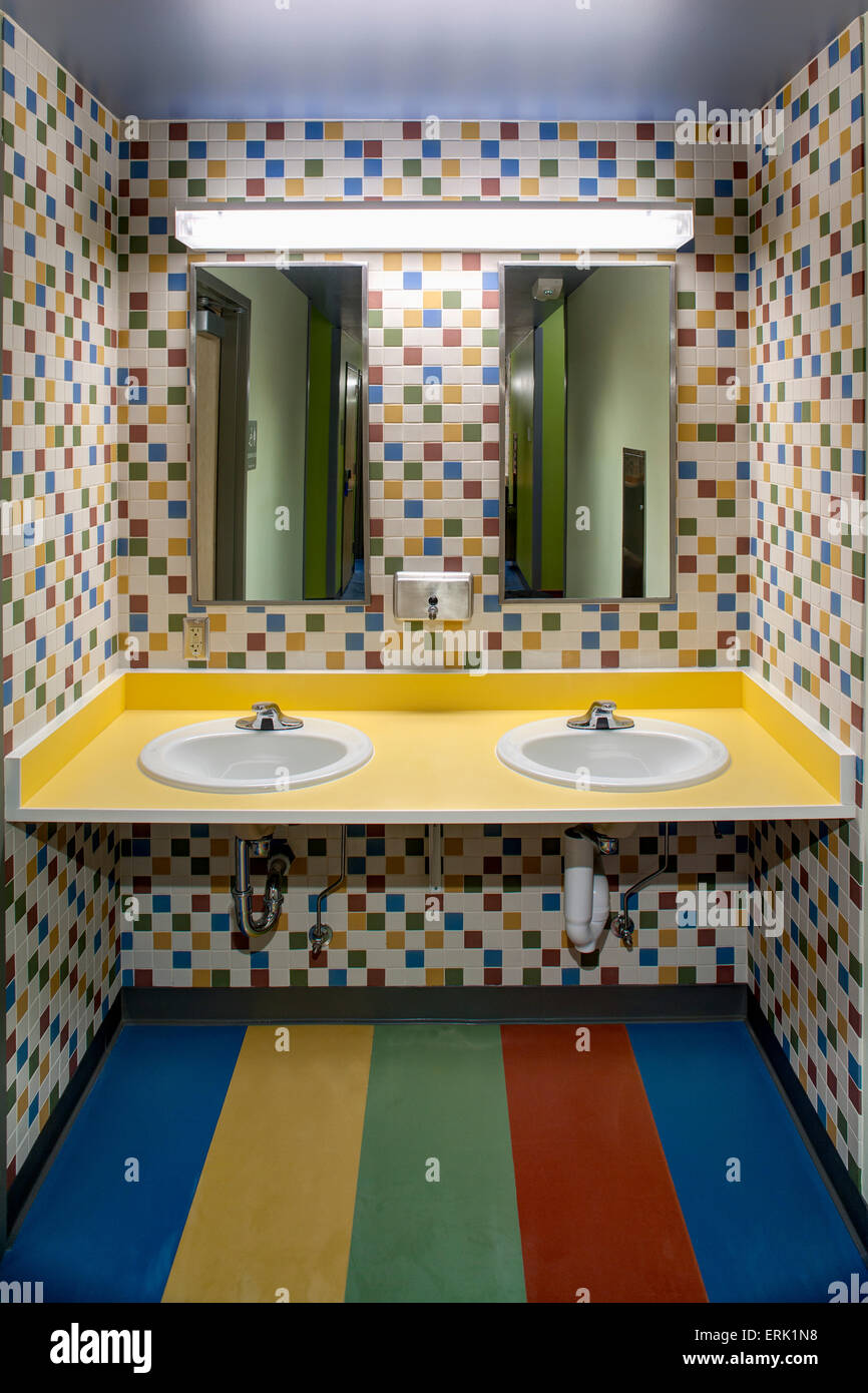 View of the colorful washroom in the K12 public school in Akiak