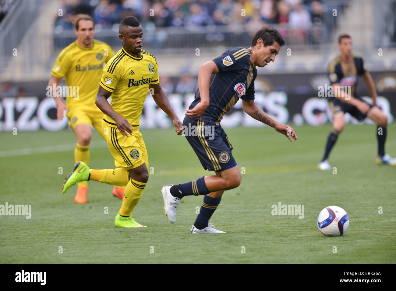 Chester, Pennsylvania, USA. 3rd June, 2015. CRISTIAN MAIDANA, (10) of the Philadelphia Union fights for the ball from WAYLON FRANCIS, (14) of the Columbus Crew. The Union beat the crew 3-0 at PPL Park in Chester Pa. Credit:  Ricky Fitchett/ZUMA Wire/Alamy Live News Stock Photo