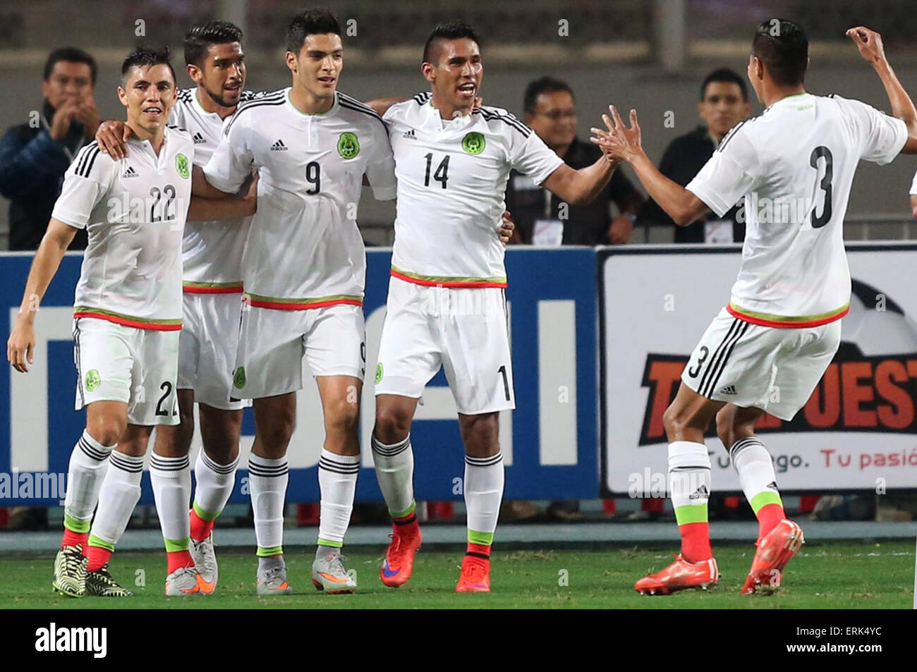 Lima, Peru. 3rd June, 2015. Mexico's Juan Carlos Valenzuela (2nd R) celebrates scoring with his teammates during an international friendly soceer match between Mexico and Peru, in Lima, Peru, on June 3, 2015. Mexico and Peru played the match on Wednesday in preparation for the upcoming 2015 Copa America, which will be held from June 11 to July 4 in Chile. © Juan Carlos Guzman/Xinhua/Alamy Live News Stock Photo
