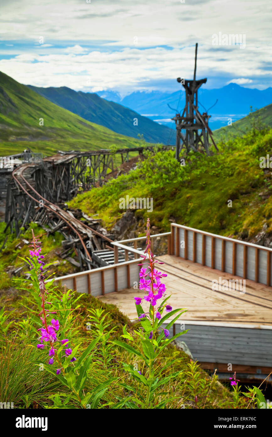 Historic trestle and tracks of the Independence Mine State Historic Park, Hatcher Pass, Southcentral Alaska, Summer. Stock Photo