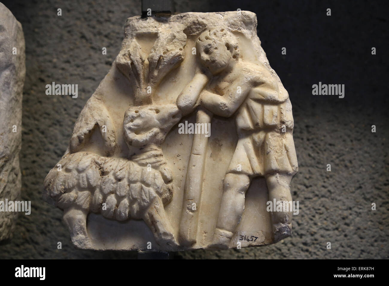 Early Christian. Roman sarcophagi. Rural scene. Hand milking. 3rd- 4th C. Vatican Museums. Stock Photo