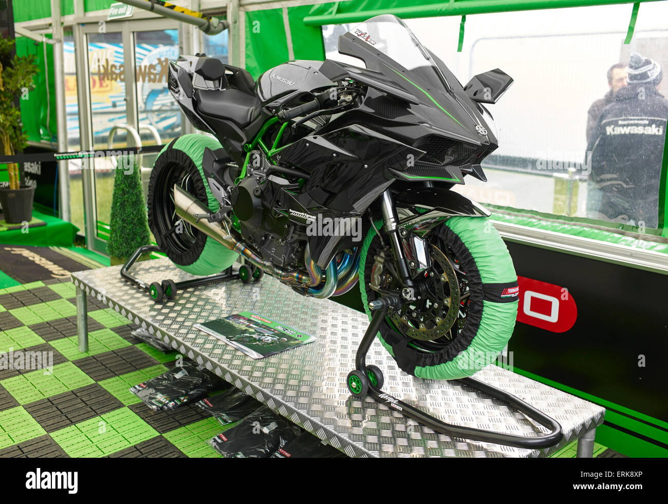 Isle of Man. 2nd July, 2015. Kawasaki H2R supercharged bike on show at the 2015 TT pits. This will be riden by James Hillier on June 10 in a special lap of the circuit Credit:  Ian Pilbeam/Alamy Live News Stock Photo