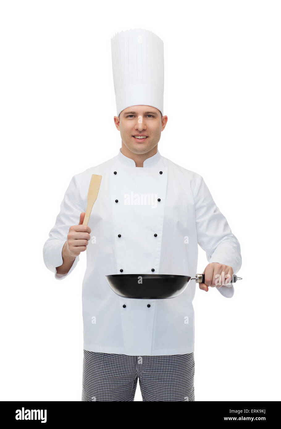 happy male chef holding frying pan and spatula Stock Photo Alamy